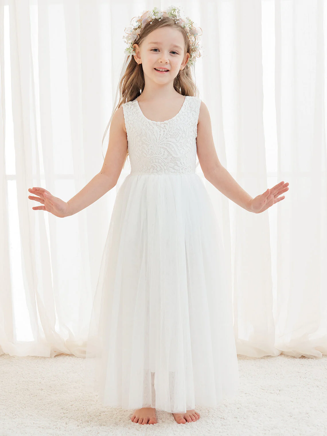 A-line Lace Tulle Ankle-length White Dress - Image 4