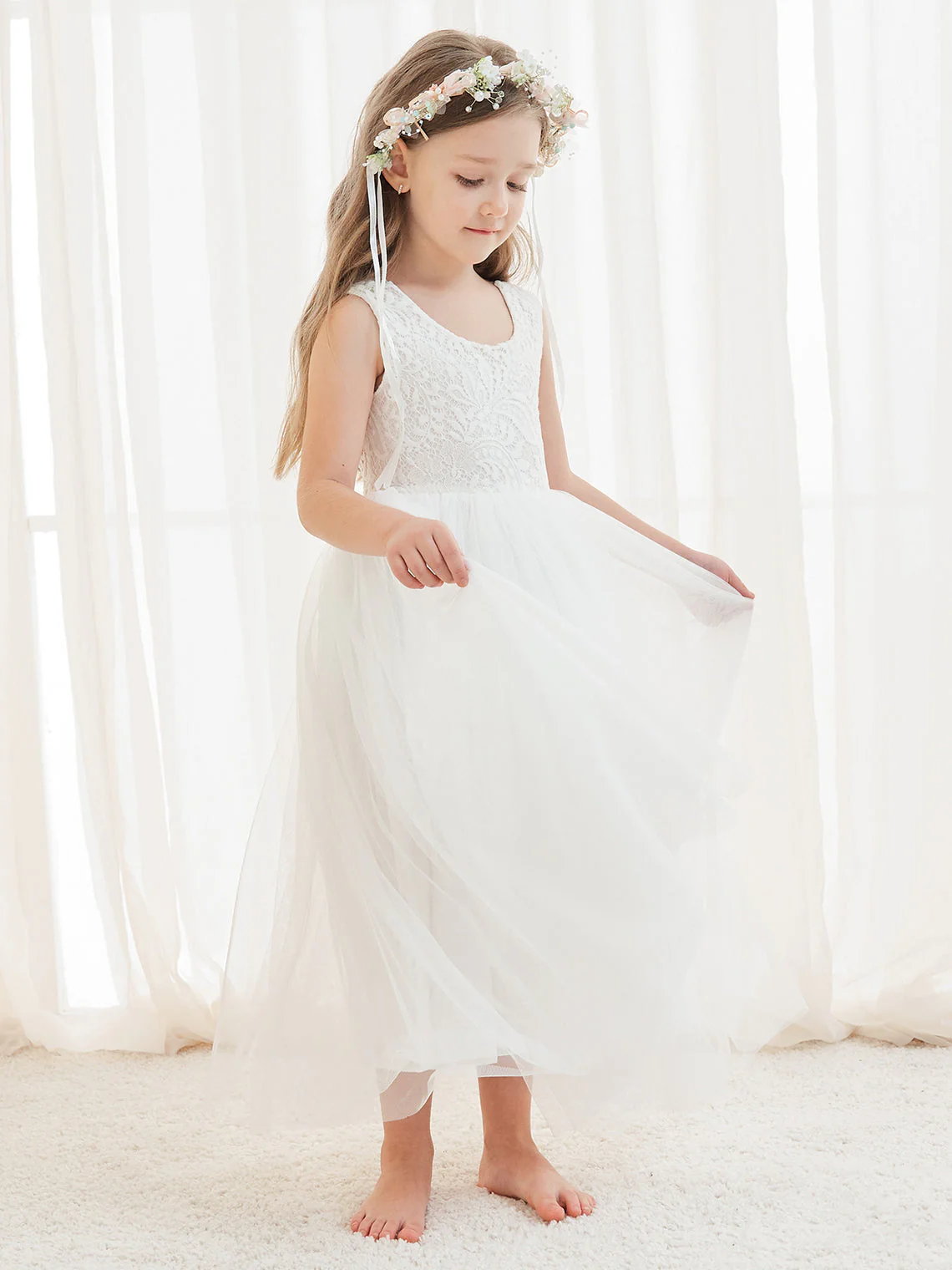 A-line Lace Tulle Ankle-length White Dress - Image 5