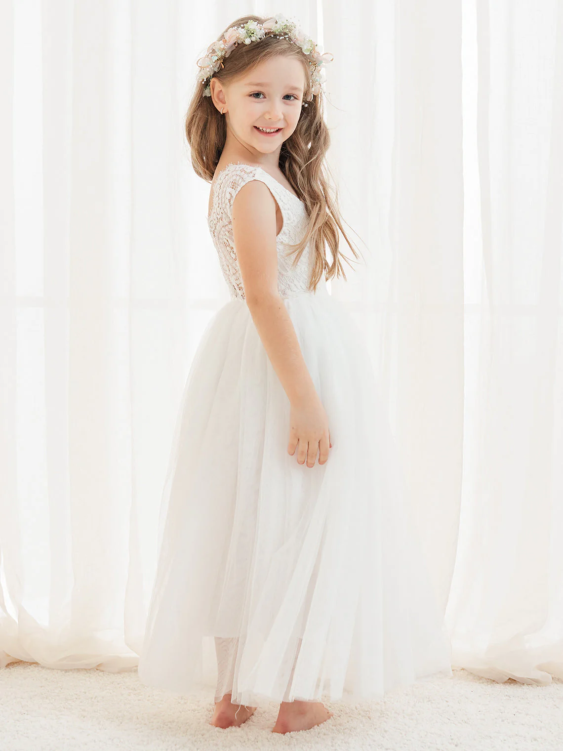 A-line Lace Tulle Ankle-length White Dress - Image 6