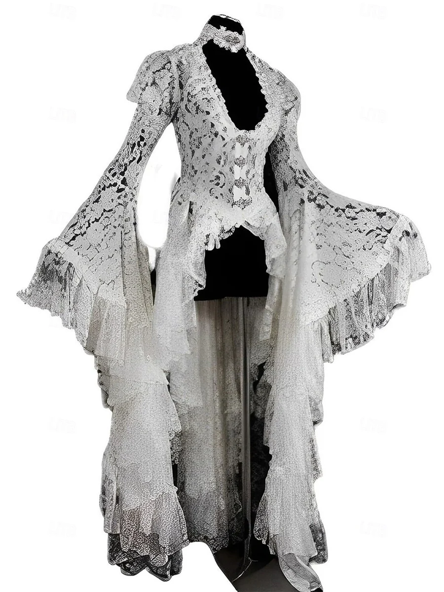 A-Line Long Sleeves Lace Asymmetrical Vintage Costume Medieval Dresses with Ruffles