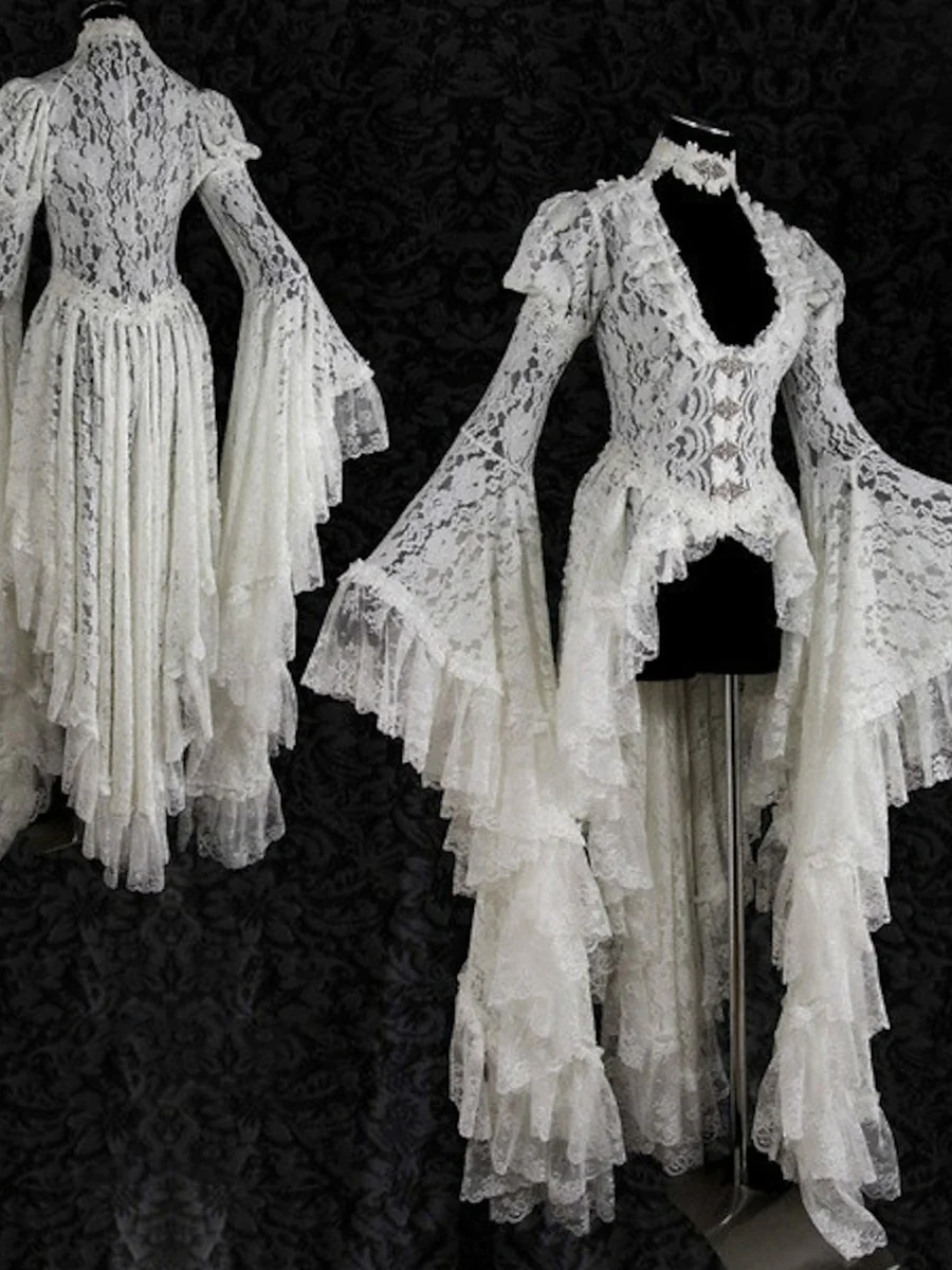 A-Line Long Sleeves Lace Asymmetrical Vintage Costume Medieval Dresses with Ruffles - Image 3