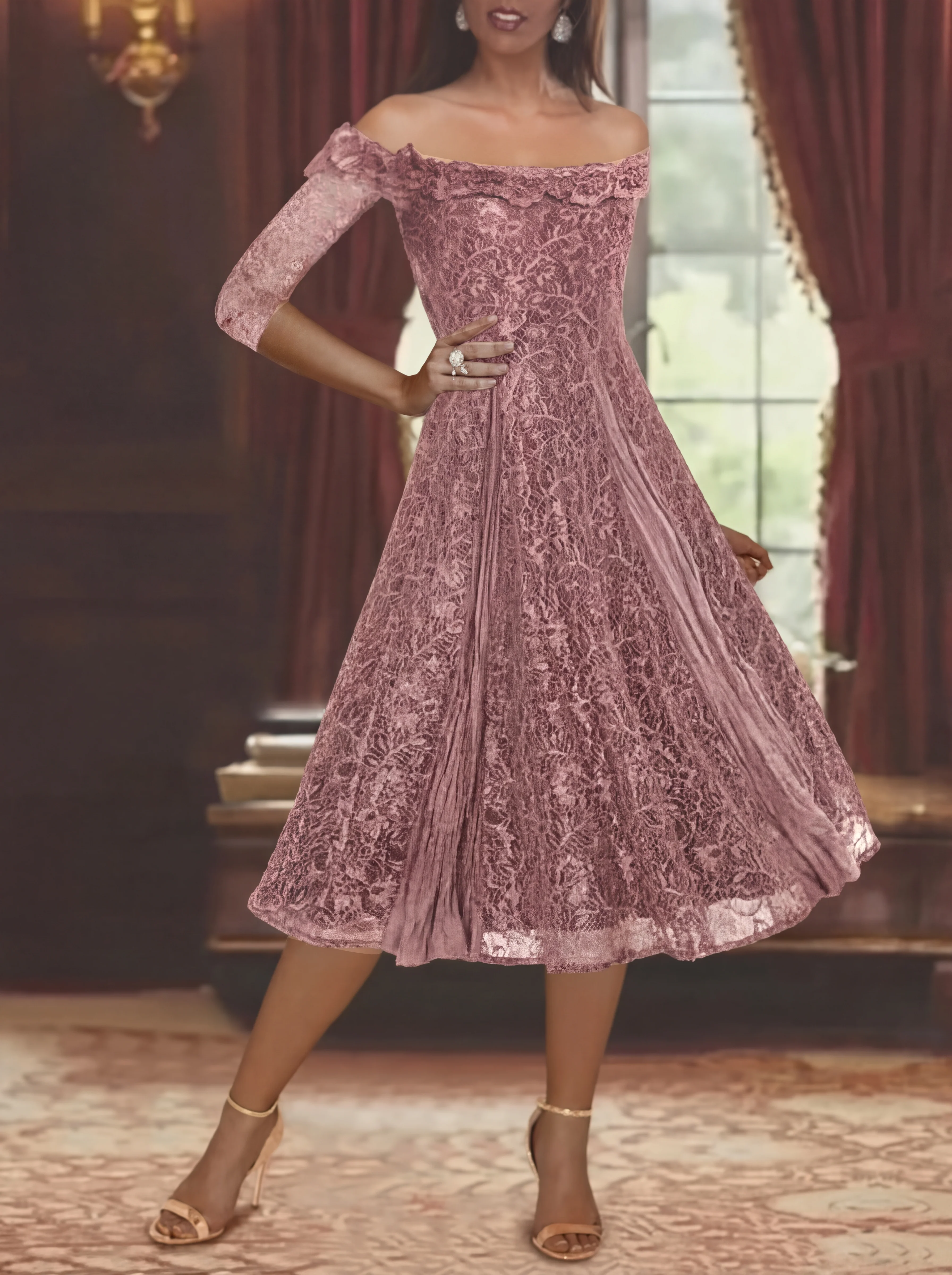 A-Line/Princess Off-the-shoulder Half Sleeves Mother of the Bride & Groom Dresses with Lace - Image 8