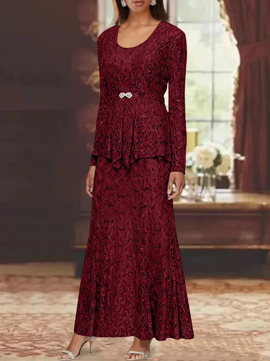 A-Line/Princess 2 Pieces Scoop Lace Mother of the Bride Dresses with Jacket Long Sleeves Ankle-Length - Image 10