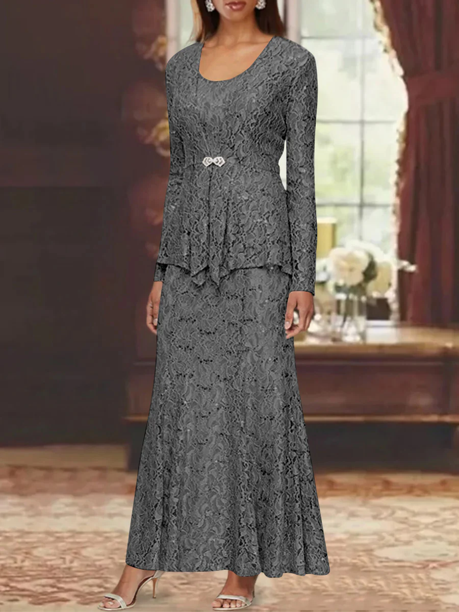 A-Line/Princess 2 Pieces Scoop Lace Mother of the Bride Dresses with Jacket Long Sleeves Ankle-Length - Image 13