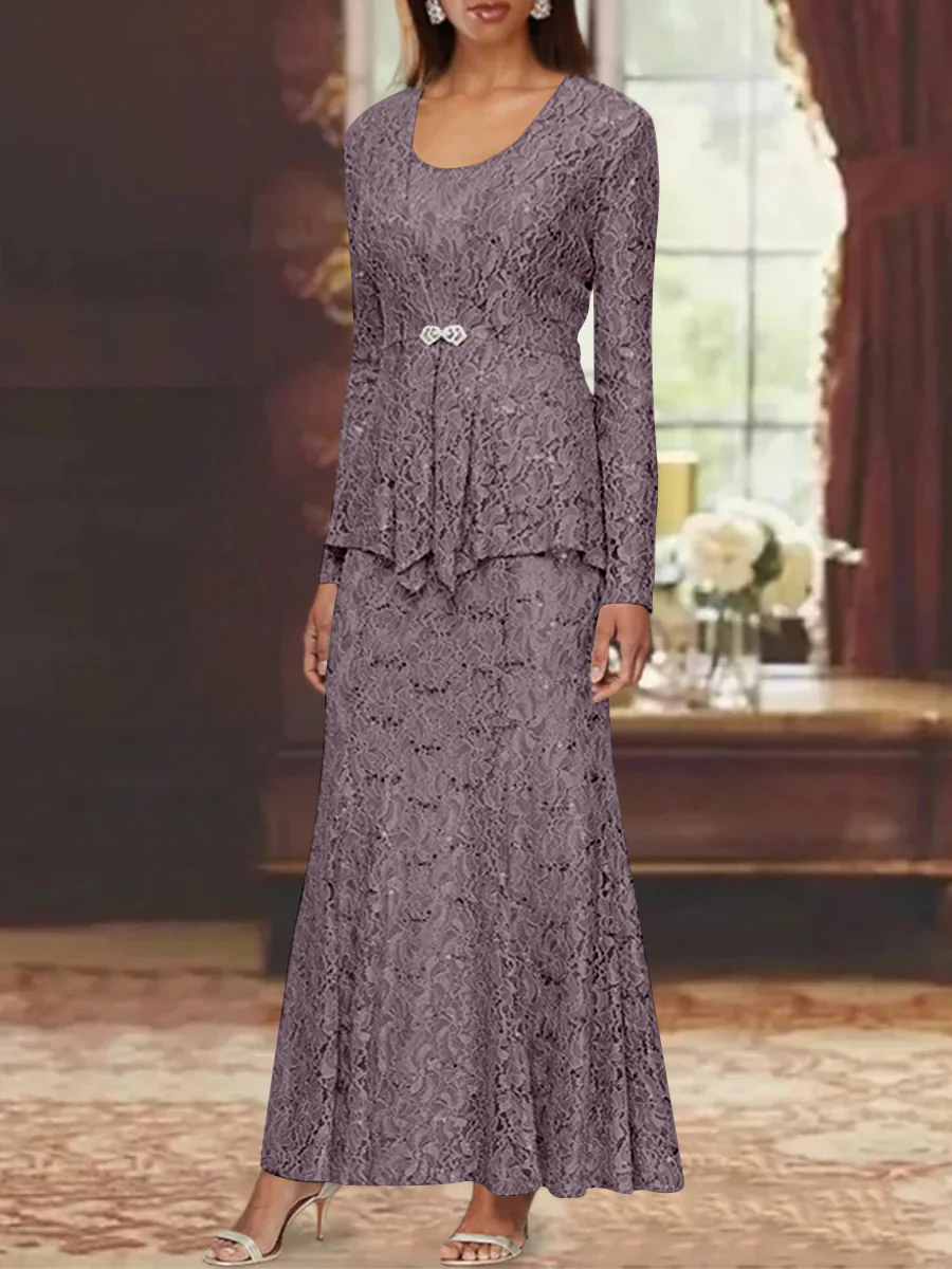A-Line/Princess 2 Pieces Scoop Lace Mother of the Bride Dresses with Jacket Long Sleeves Ankle-Length - Image 18