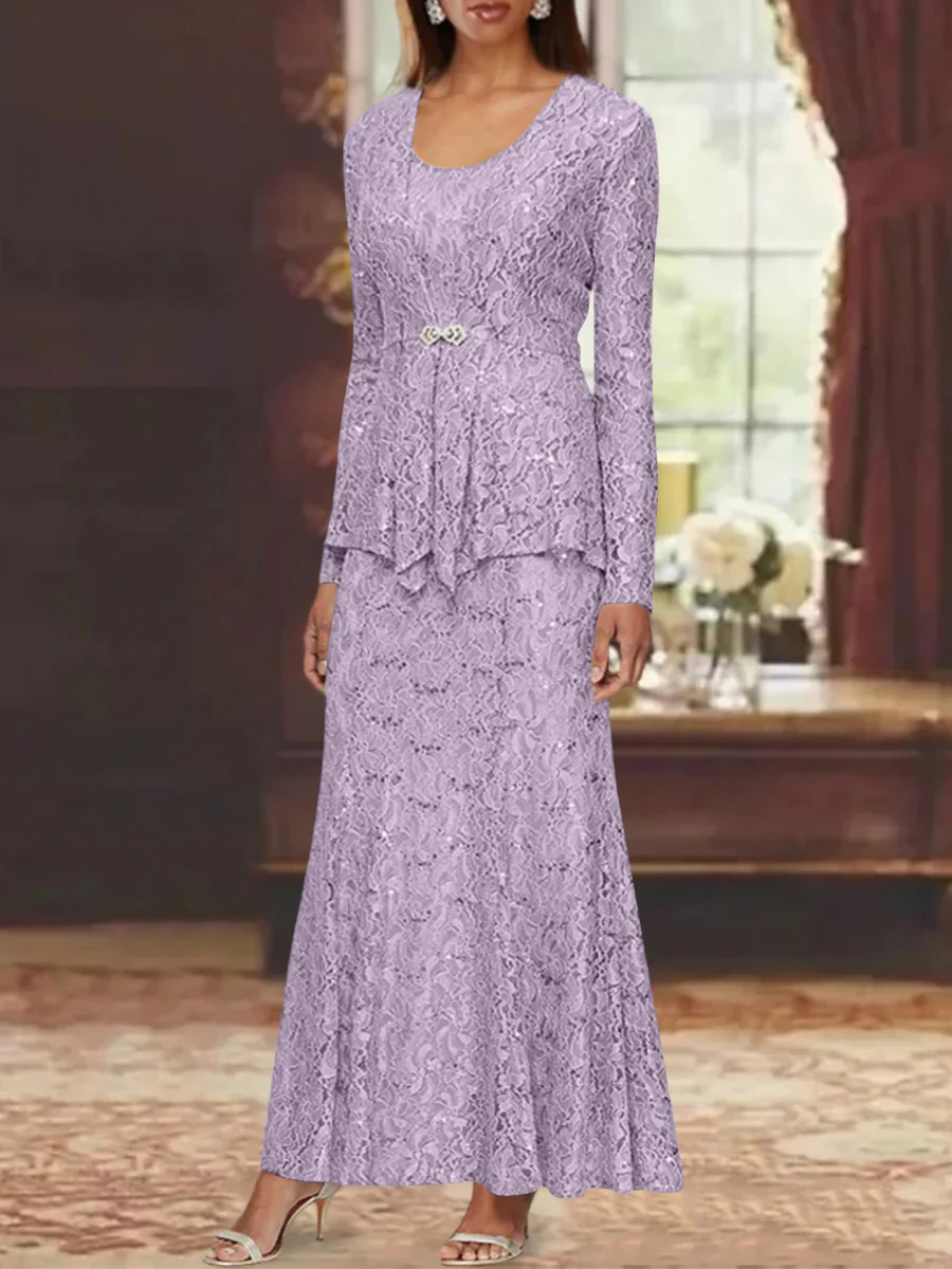 A-Line/Princess 2 Pieces Scoop Lace Mother of the Bride Dresses with Jacket Long Sleeves Ankle-Length - Image 27