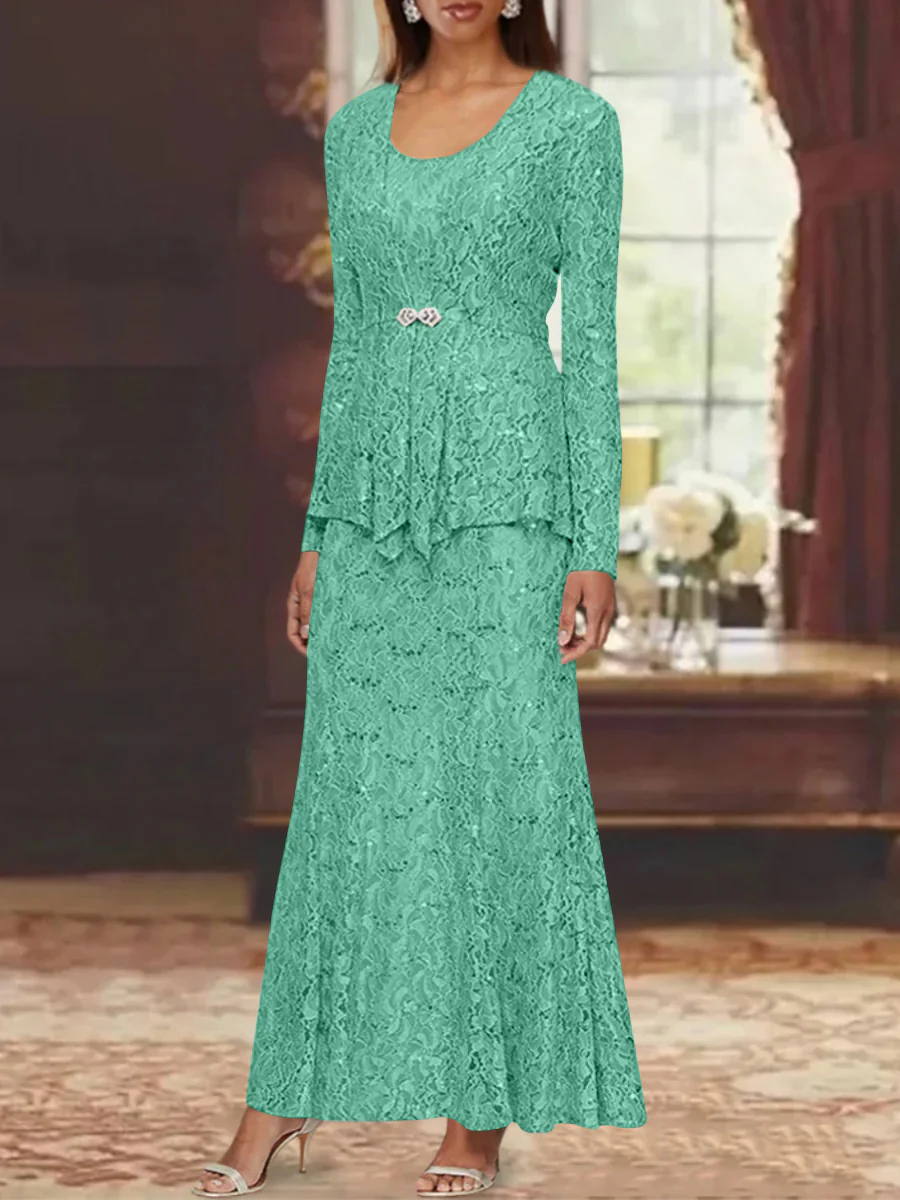 A-Line/Princess 2 Pieces Scoop Lace Mother of the Bride Dresses with Jacket Long Sleeves Ankle-Length - Image 40