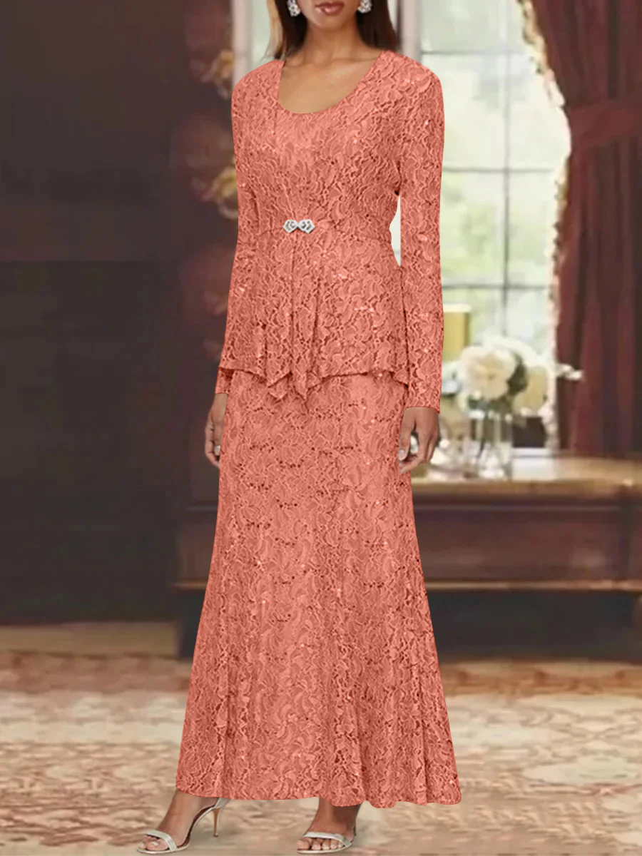 A-Line/Princess 2 Pieces Scoop Lace Mother of the Bride Dresses with Jacket Long Sleeves Ankle-Length - Image 43
