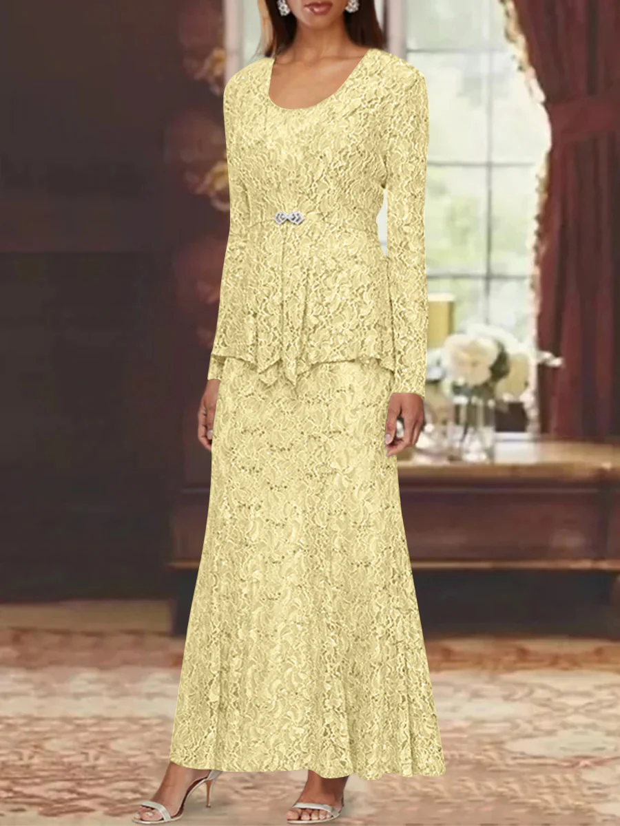 A-Line/Princess 2 Pieces Scoop Lace Mother of the Bride Dresses with Jacket Long Sleeves Ankle-Length - Image 46