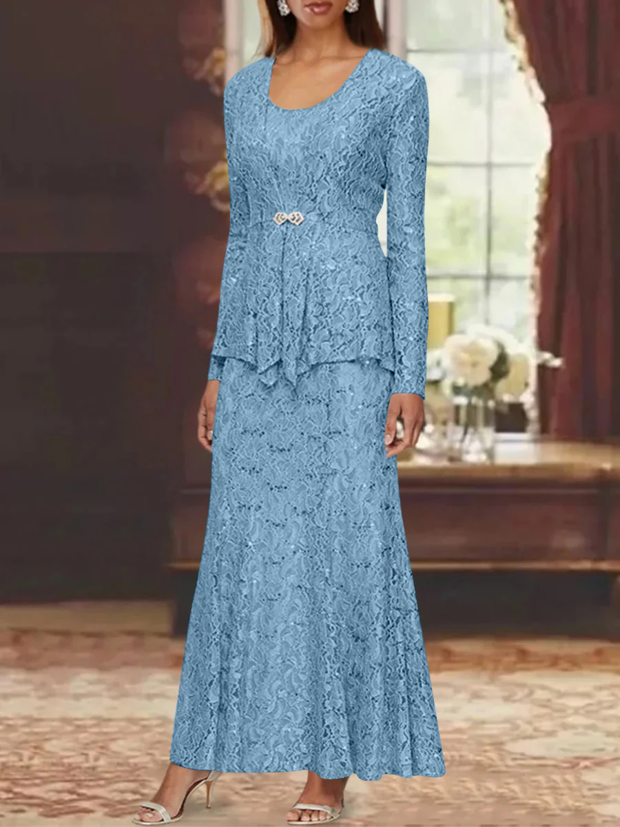 A-Line/Princess 2 Pieces Scoop Lace Mother of the Bride Dresses with Jacket Long Sleeves Ankle-Length - Image 55