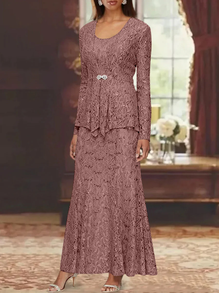 A-Line/Princess 2 Pieces Scoop Lace Mother of the Bride Dresses with Jacket Long Sleeves Ankle-Length - Image 6