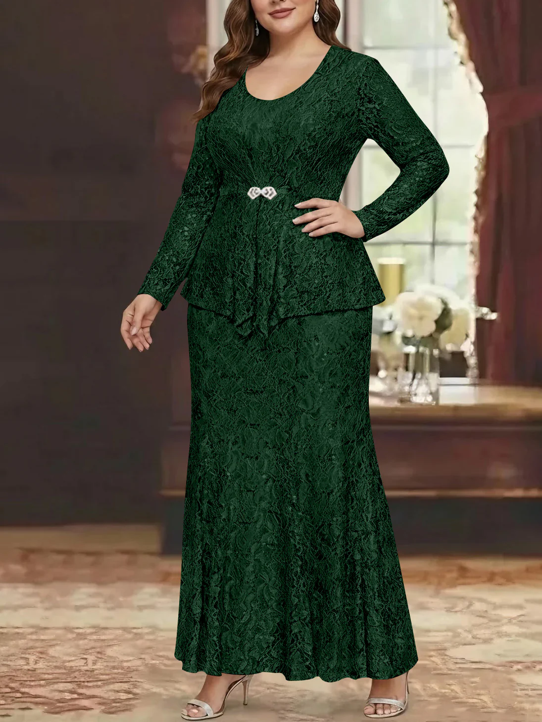 A-Line/Princess 2 Pieces Scoop Lace Plus Size Mother of the Bride Dresses with Jacket Long Sleeves Ankle-Length - Image 16