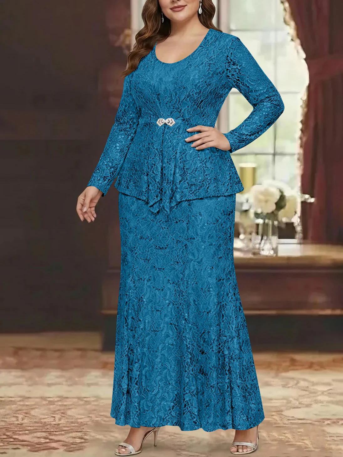 A-Line/Princess 2 Pieces Scoop Lace Plus Size Mother of the Bride Dresses with Jacket Long Sleeves Ankle-Length - Image 29