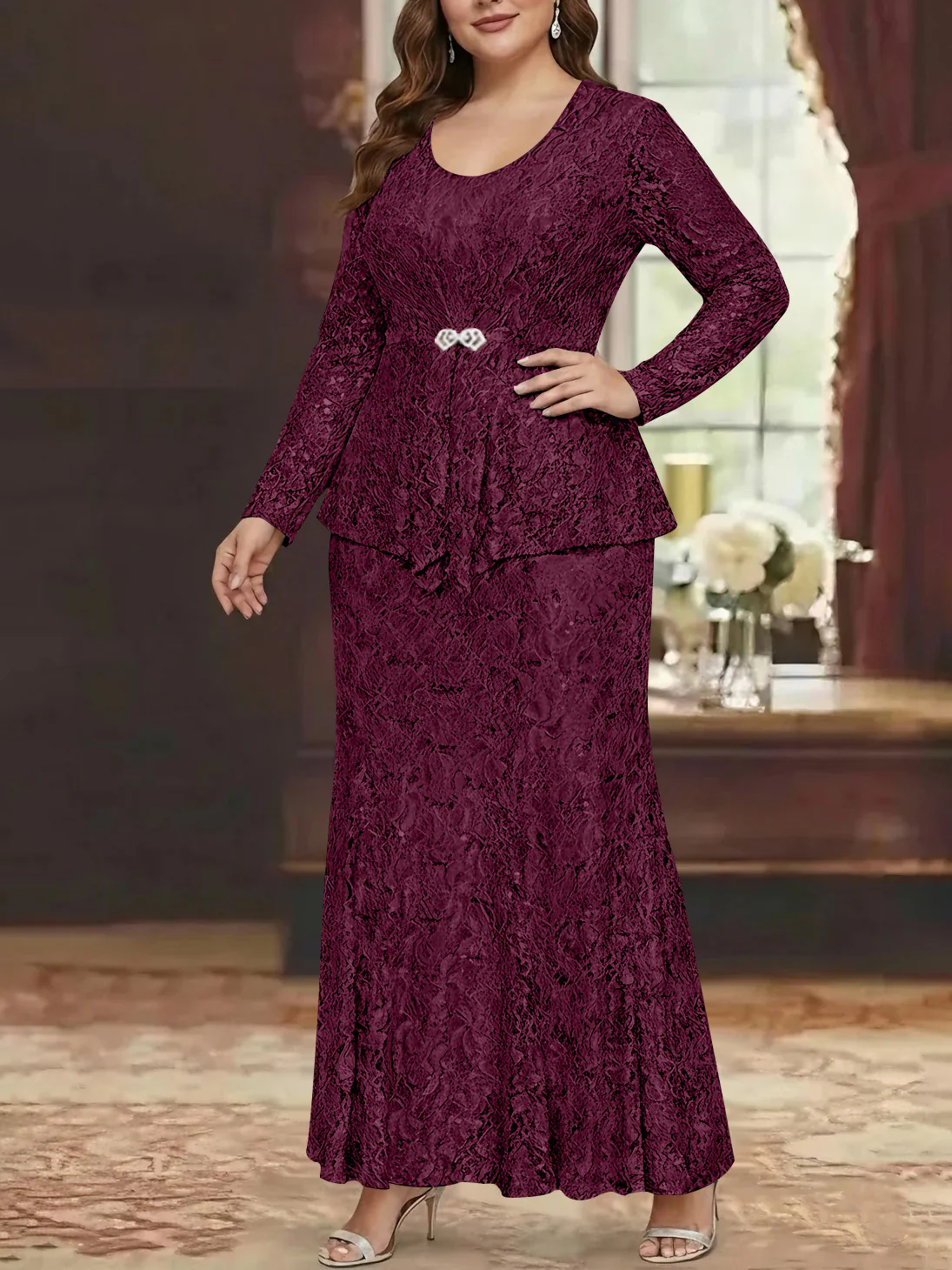 A-Line/Princess 2 Pieces Scoop Lace Plus Size Mother of the Bride Dresses with Jacket Long Sleeves Ankle-Length - Image 31
