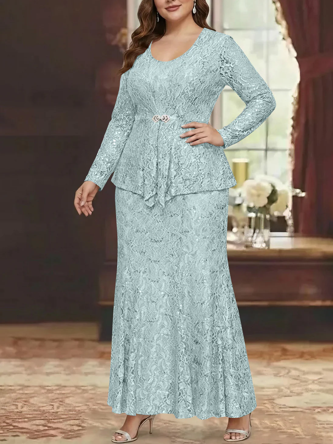 A-Line/Princess 2 Pieces Scoop Lace Plus Size Mother of the Bride Dresses with Jacket Long Sleeves Ankle-Length - Image 7