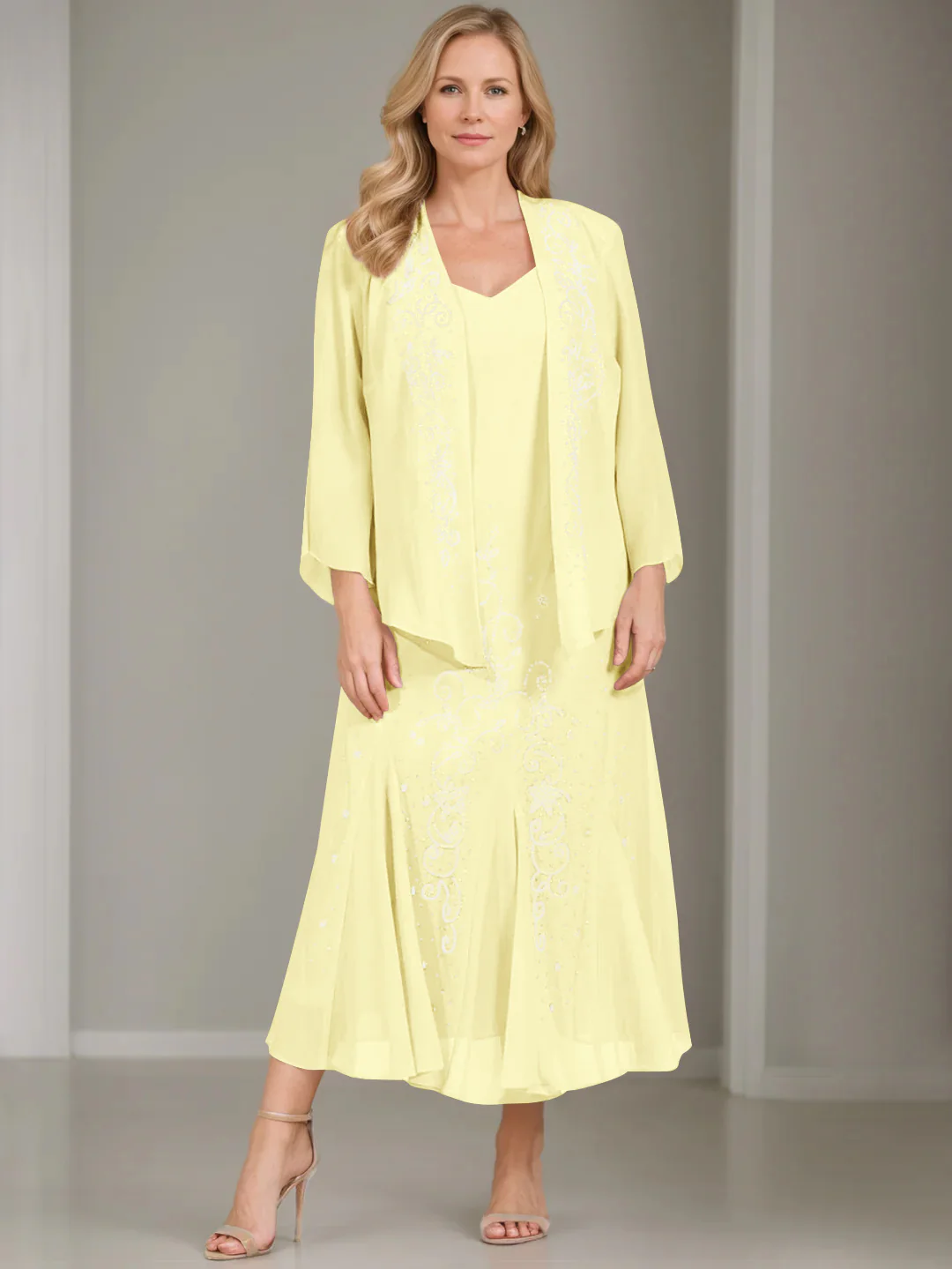 A-Line/Princess 2 Pieces V-Neck Tea-Length Plus Size Mother of the Bride Dresses with Jacket & Sequins - Image 12