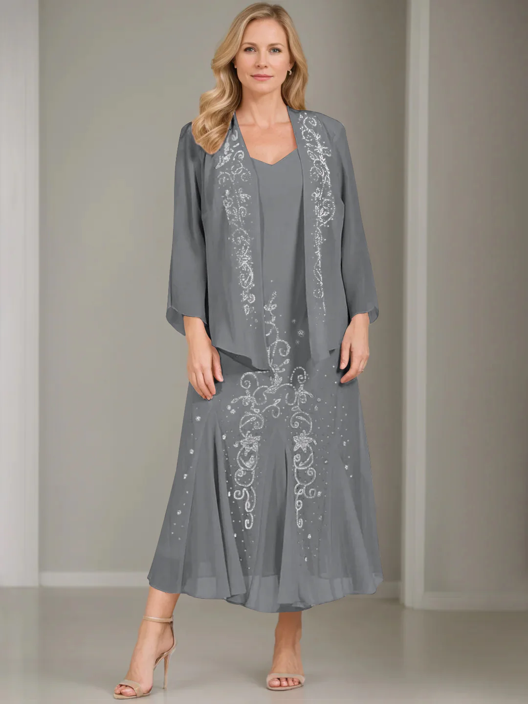 A-Line/Princess 2 Pieces V-Neck Tea-Length Plus Size Mother of the Bride Dresses with Jacket & Sequins - Image 14