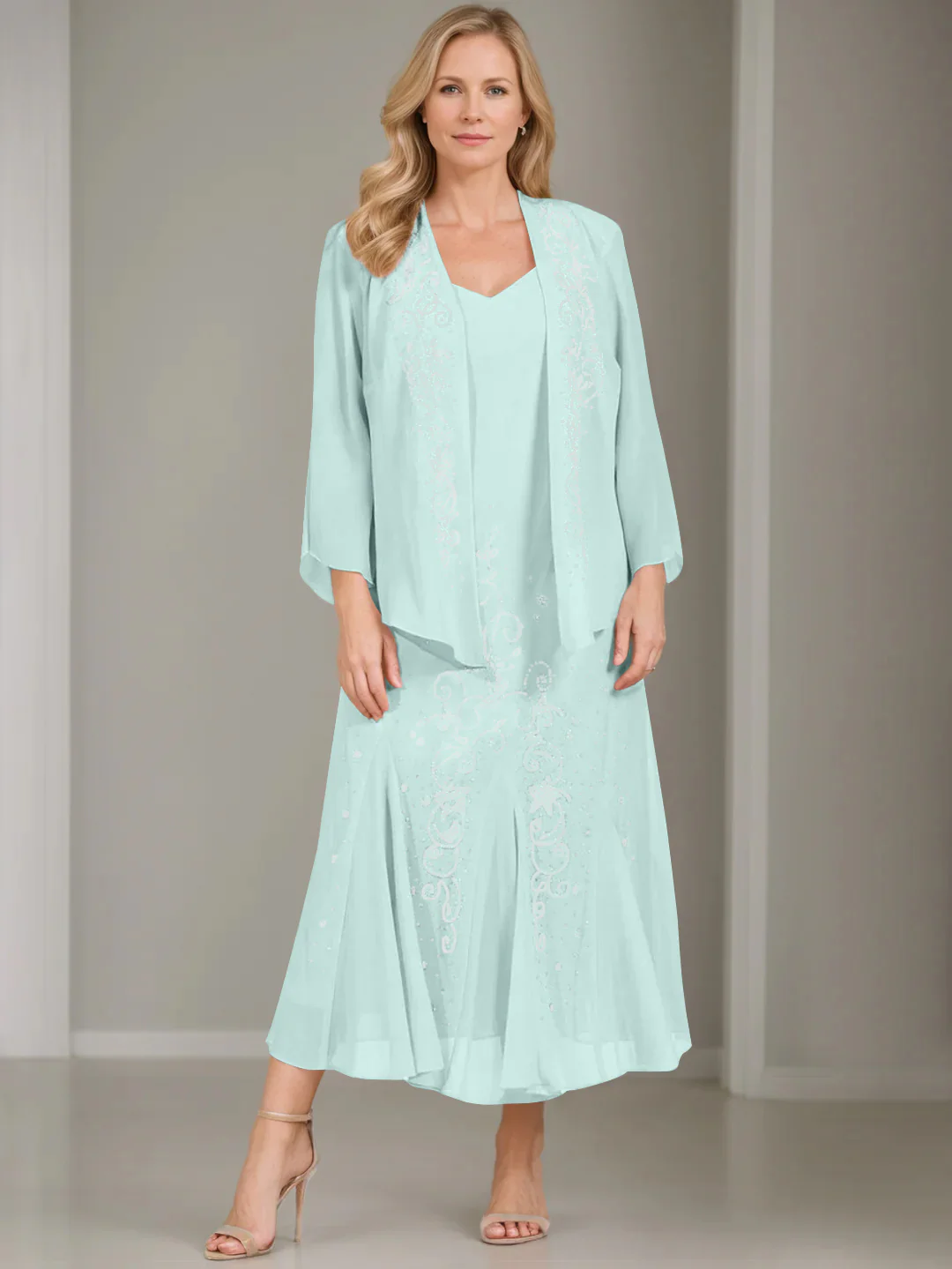 A-Line/Princess 2 Pieces V-Neck Tea-Length Plus Size Mother of the Bride Dresses with Jacket & Sequins - Image 16