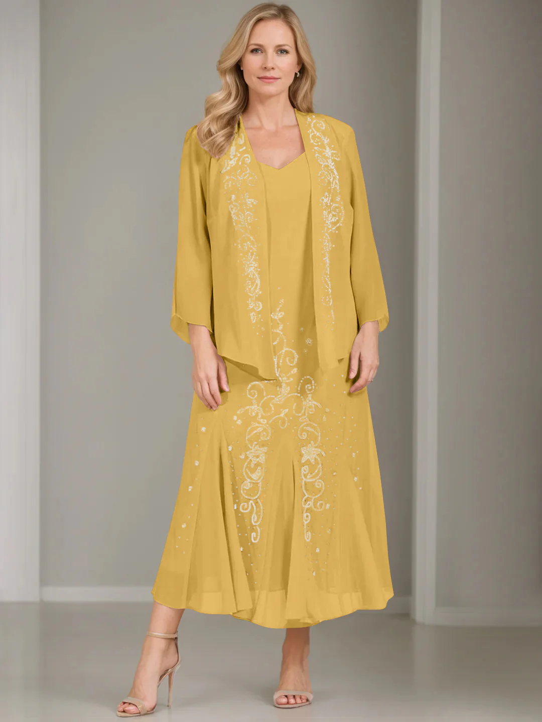A-Line/Princess 2 Pieces V-Neck Tea-Length Plus Size Mother of the Bride Dresses with Jacket & Sequins - Image 38