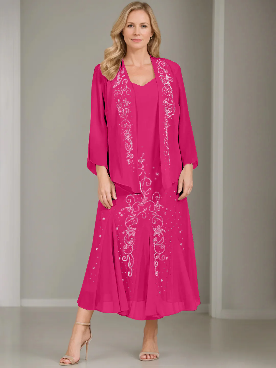 A-Line/Princess 2 Pieces V-Neck Tea-Length Plus Size Mother of the Bride Dresses with Jacket & Sequins - Image 39