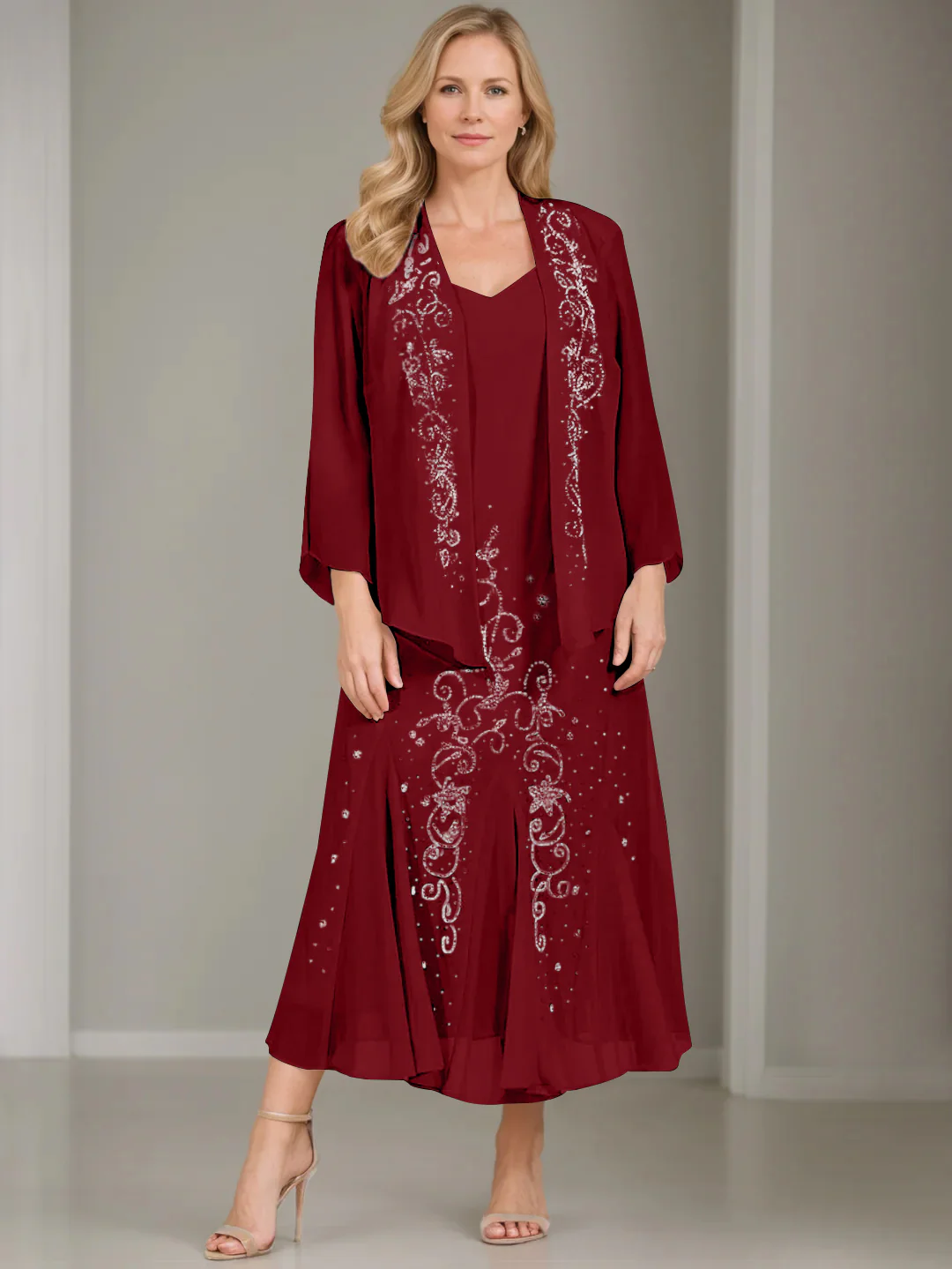 A-Line/Princess 2 Pieces V-Neck Tea-Length Plus Size Mother of the Bride Dresses with Jacket & Sequins - Image 43