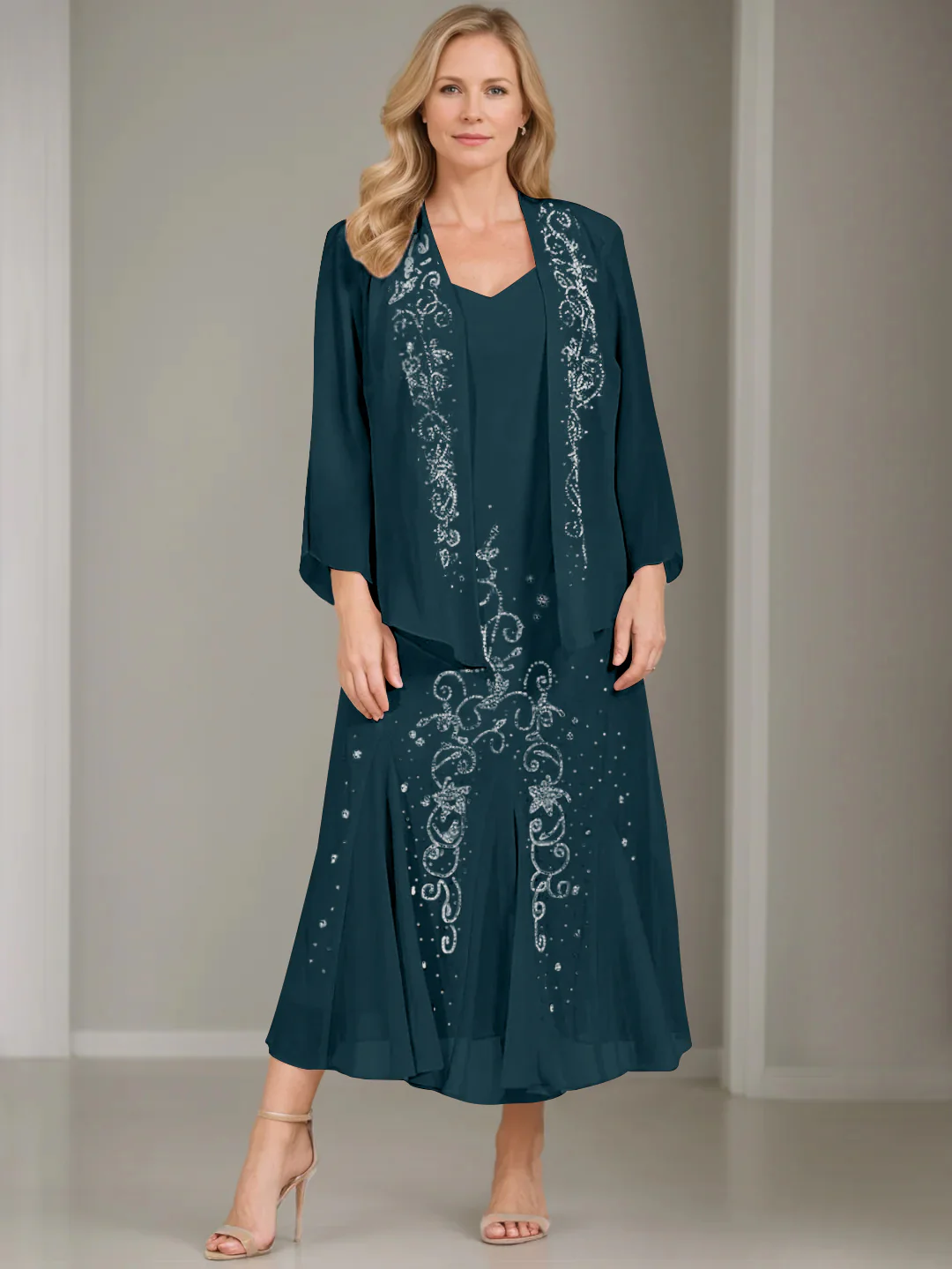 A-Line/Princess 2 Pieces V-Neck Tea-Length Plus Size Mother of the Bride Dresses with Jacket & Sequins - Image 52
