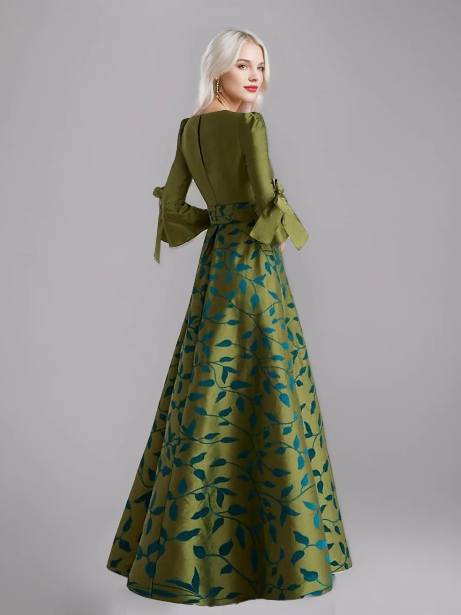 A-Line/Princess 3/4 Sleeves Printed Leaves Mother of the Bride Dresses with Split Side & Belt & Ruffles - Image 2