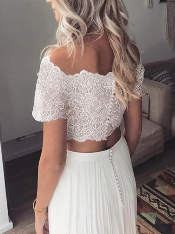 A-Line/Princess Beach Wedding Dress Off-the-Shoulder Short Sleeves with Pleats - Image 2