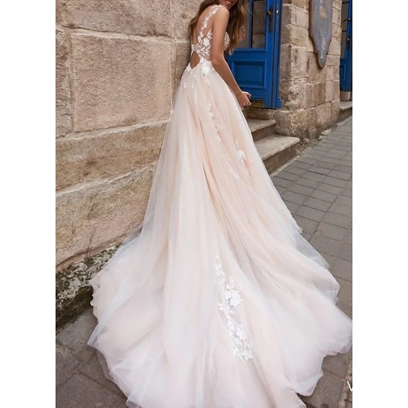 A-Line/Princess Beach Wedding Dress V Neck Sleeveless with Appliques - Image 2
