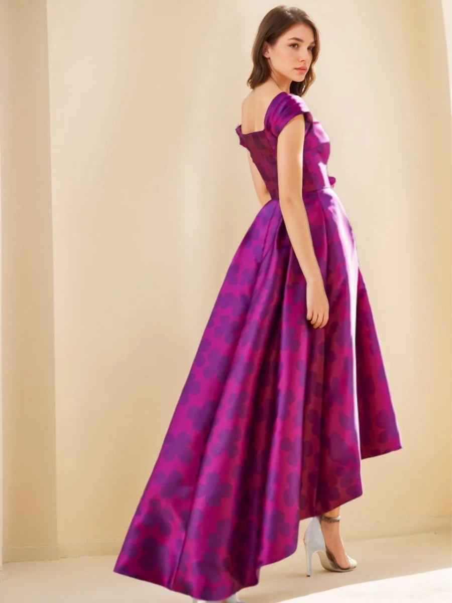 A-Line/Princess Boat Neck Asymmetrical Evening Dresses With Printed Flower & Ruches - Image 2