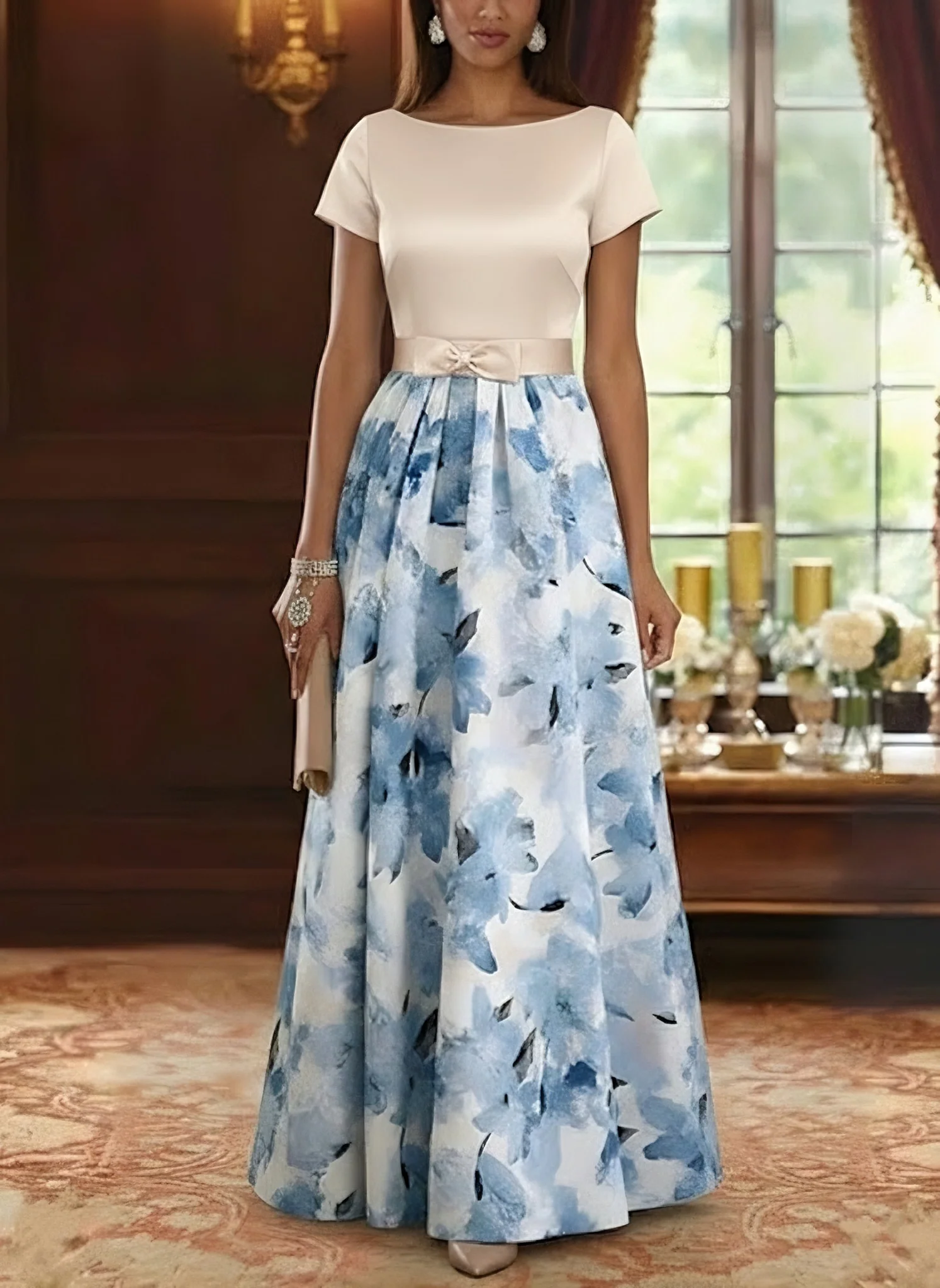 A-Line/Princess Boat Neck Satin Mother of the Bride Dresses Floral Floor-Length Short Sleeves Bowknot - Image 4