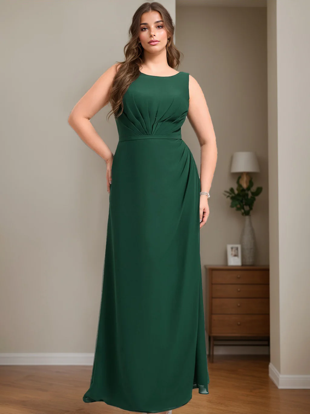 A-Line/Princess Boat Neck Sleeveless Floor-Length Plus Size Bridesmaid Dresses With Ruffles