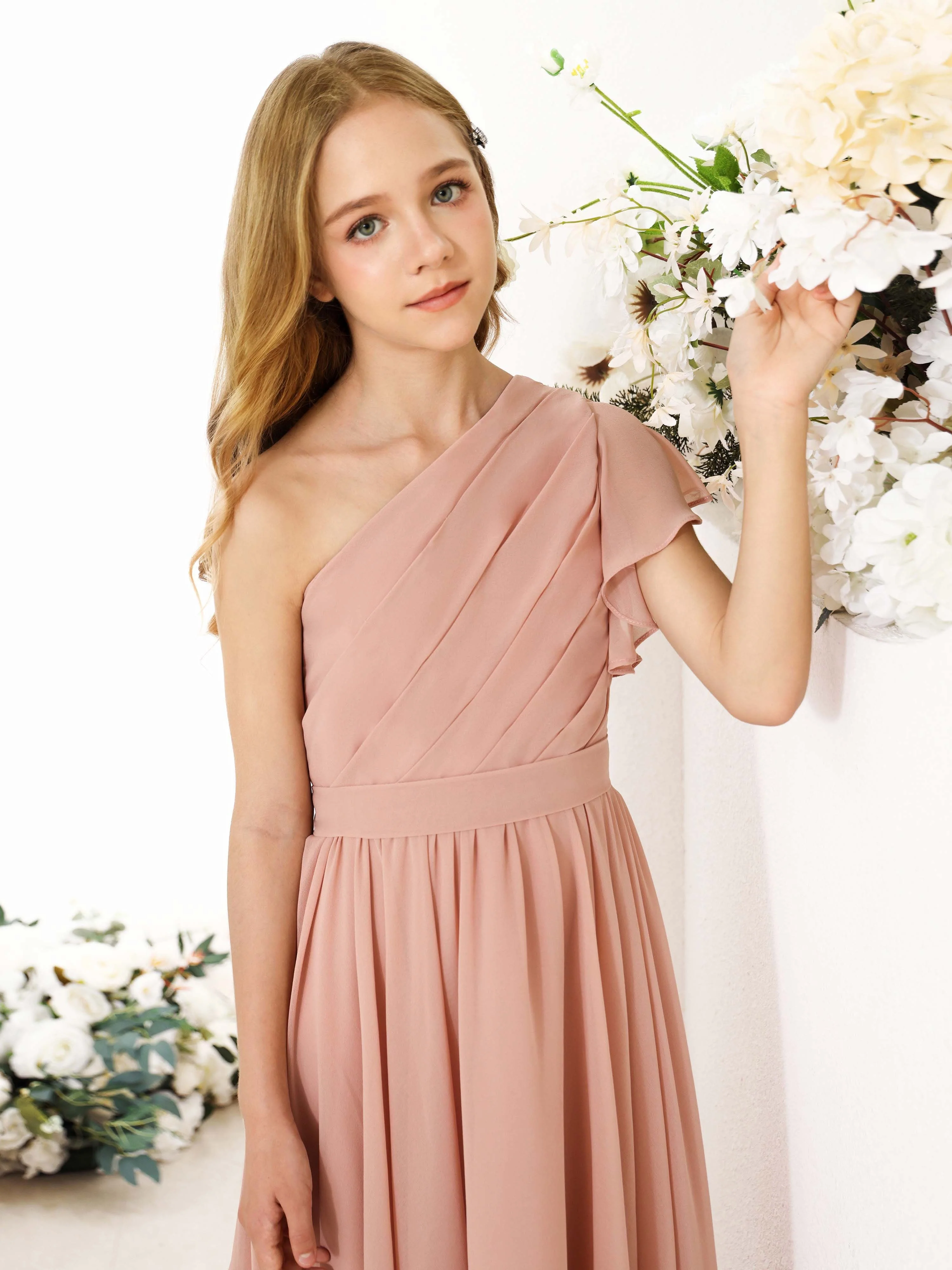 A-Line/Princess Chiffon Short Sleeves One-shoulder Asymmetrical  Flower Girl Dresses - Image 12