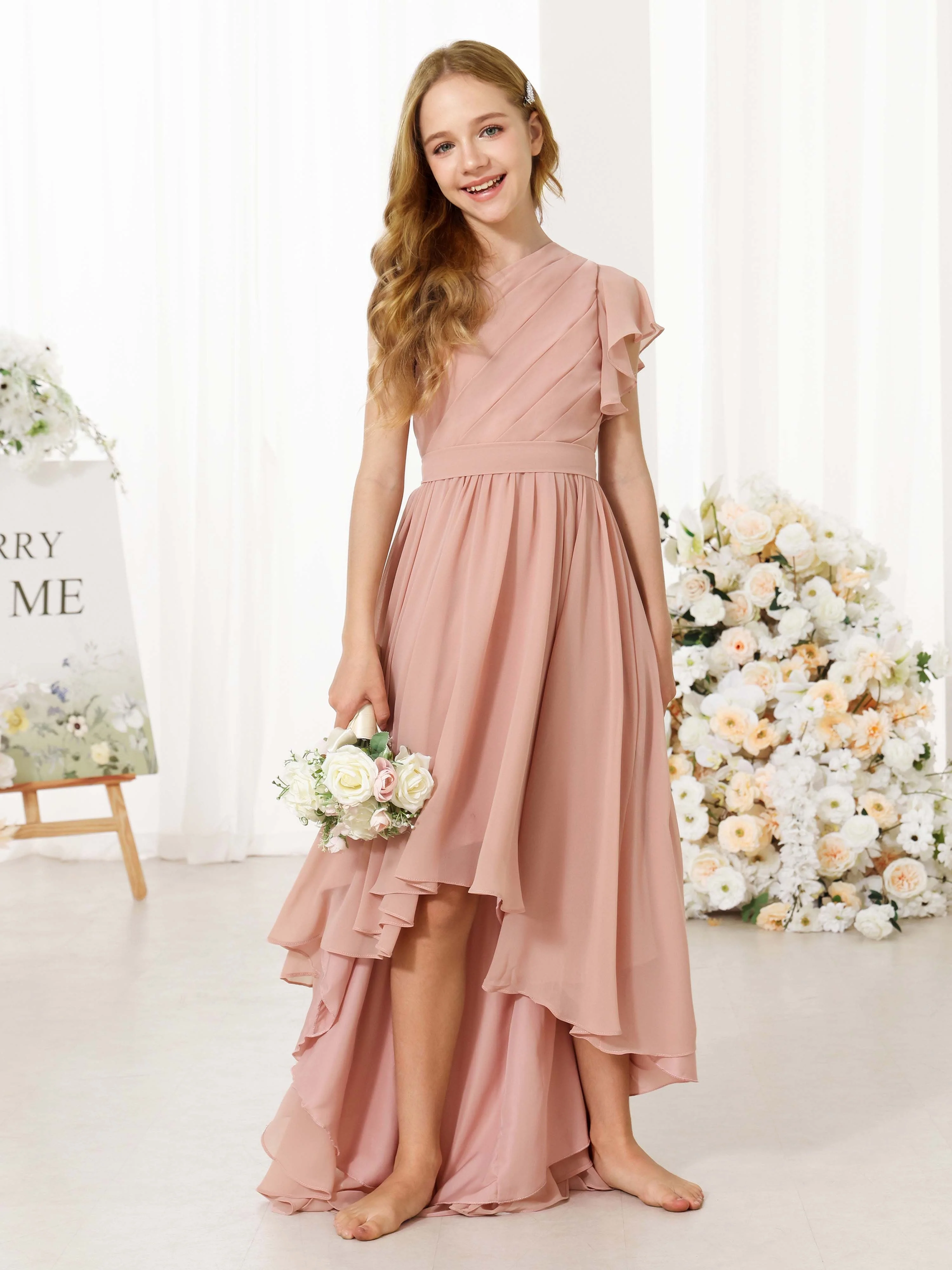 A-Line/Princess Chiffon Short Sleeves One-shoulder Asymmetrical  Flower Girl Dresses - Image 9