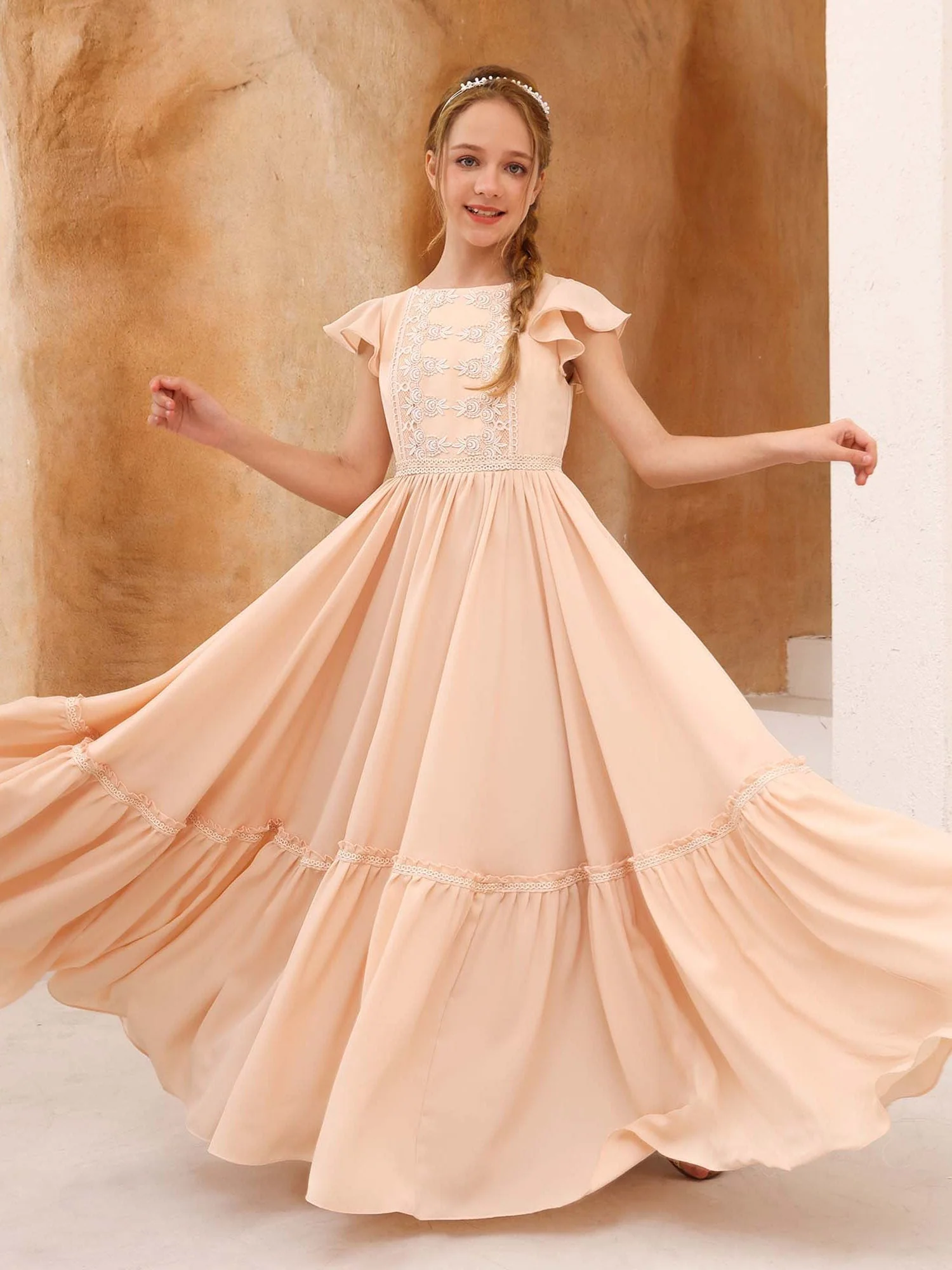 A-Line/Princess Chiffon Short Sleeves Scoop Neck Floor-Length Flower Girl Dresses