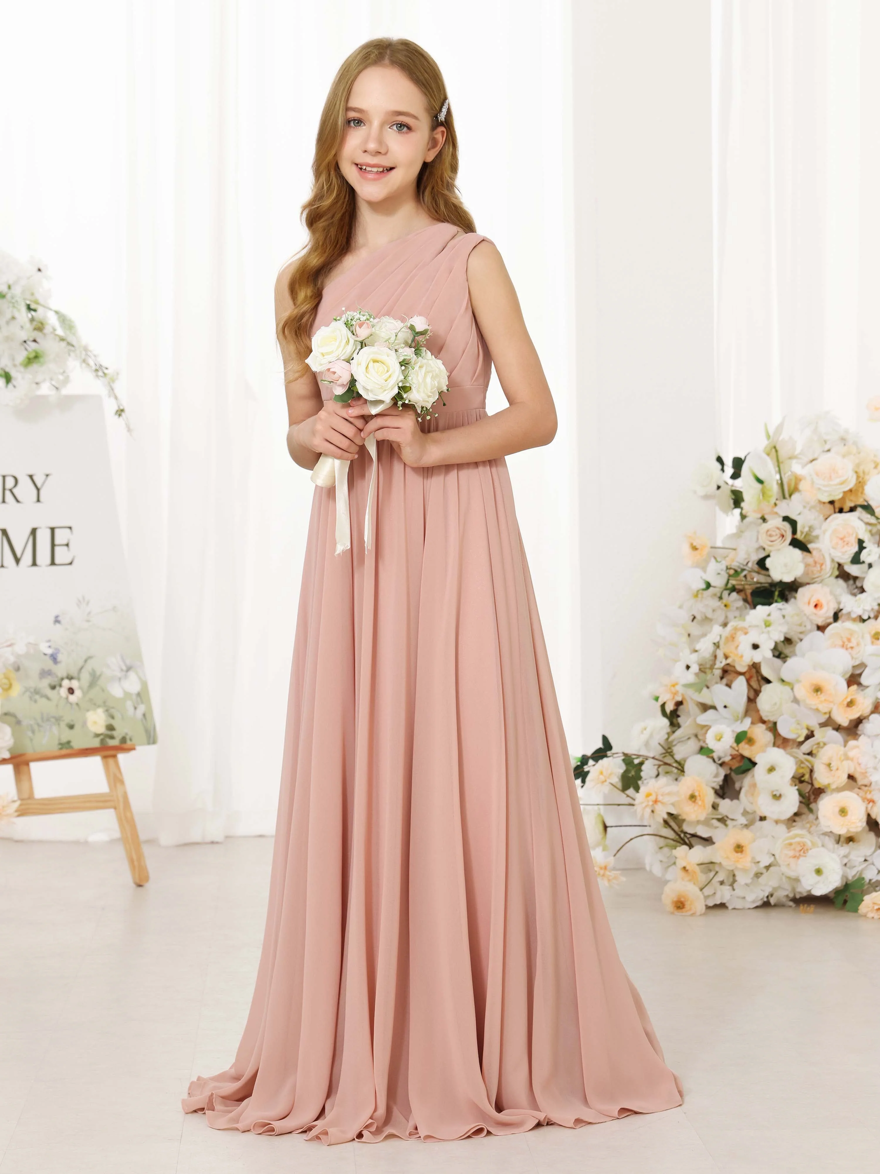 A-Line/Princess Chiffon Sleeveless One-Shoulder Floor-Length Flower Girl Dresses - Image 4