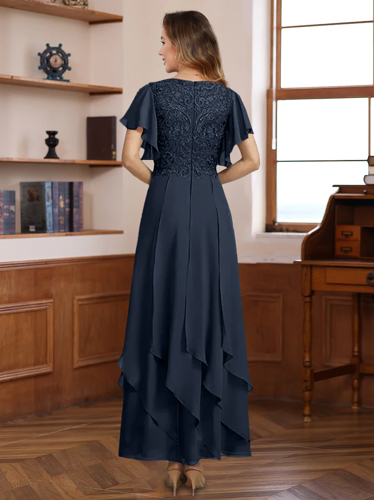A-Line/Princess Chiffon V-Neck Mother of the Bride Dresses Lace Ankle-Length Short Sleeves Ruffles - Image 2