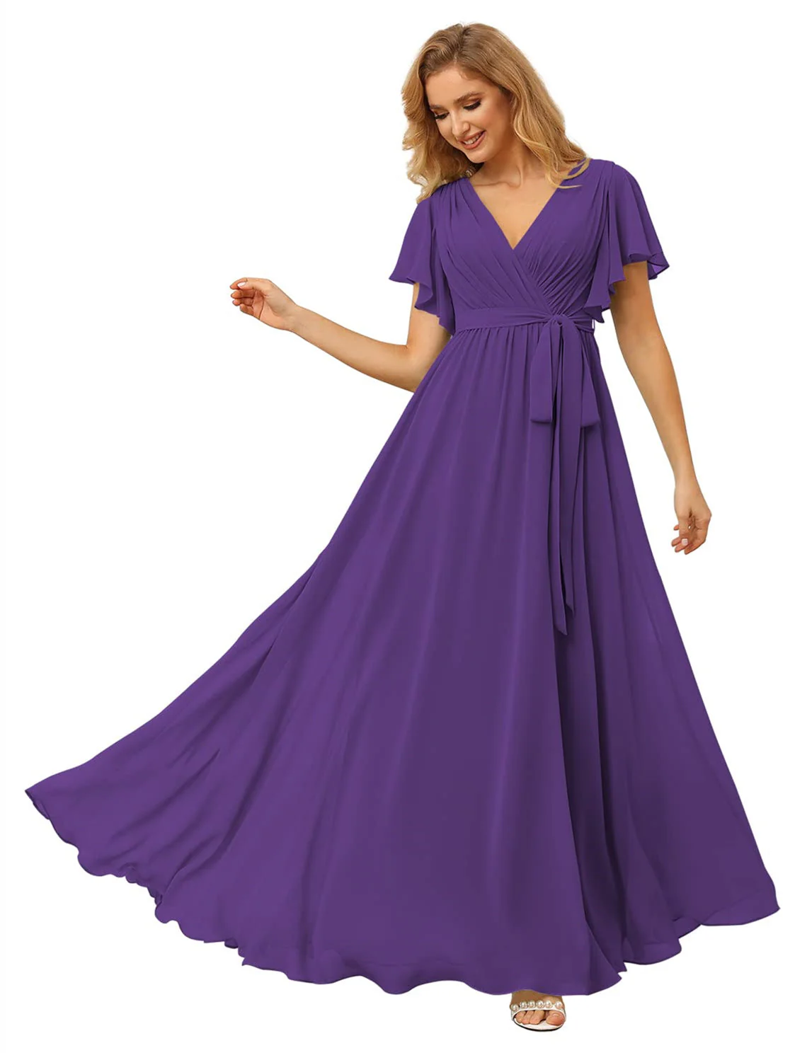 A-Line/Princess Chiffon V-Neck Short Sleeves Ankle-Length Bridesmaid Dresses - Image 14
