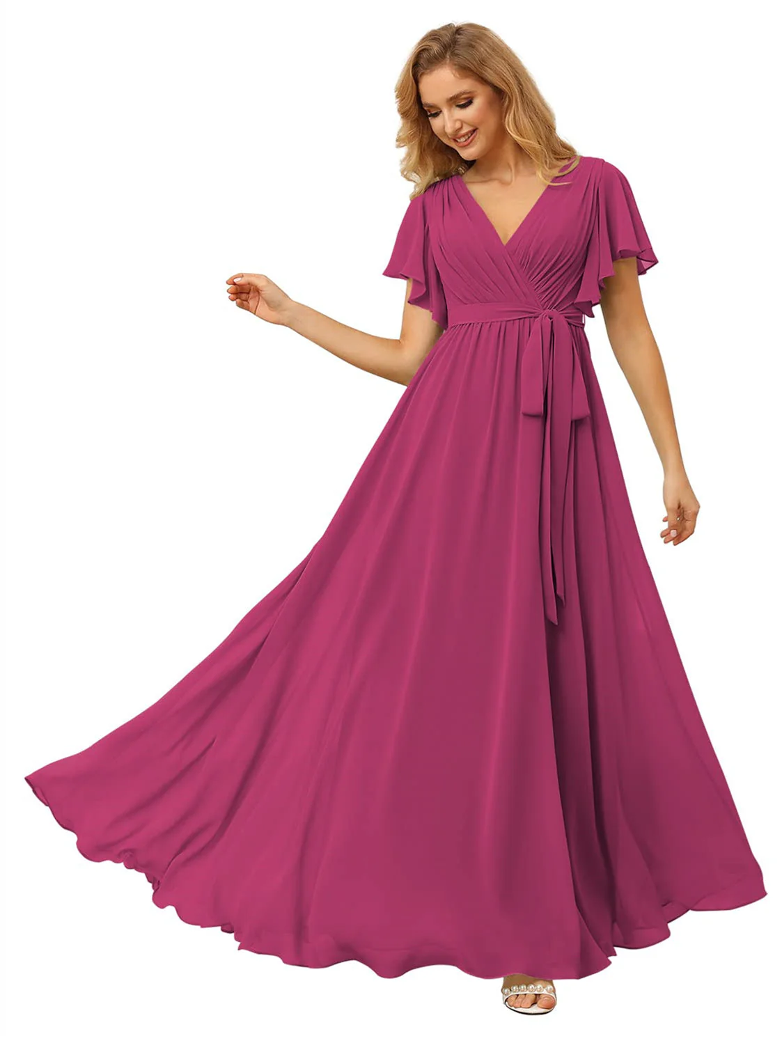 A-Line/Princess Chiffon V-Neck Short Sleeves Ankle-Length Bridesmaid Dresses - Image 18
