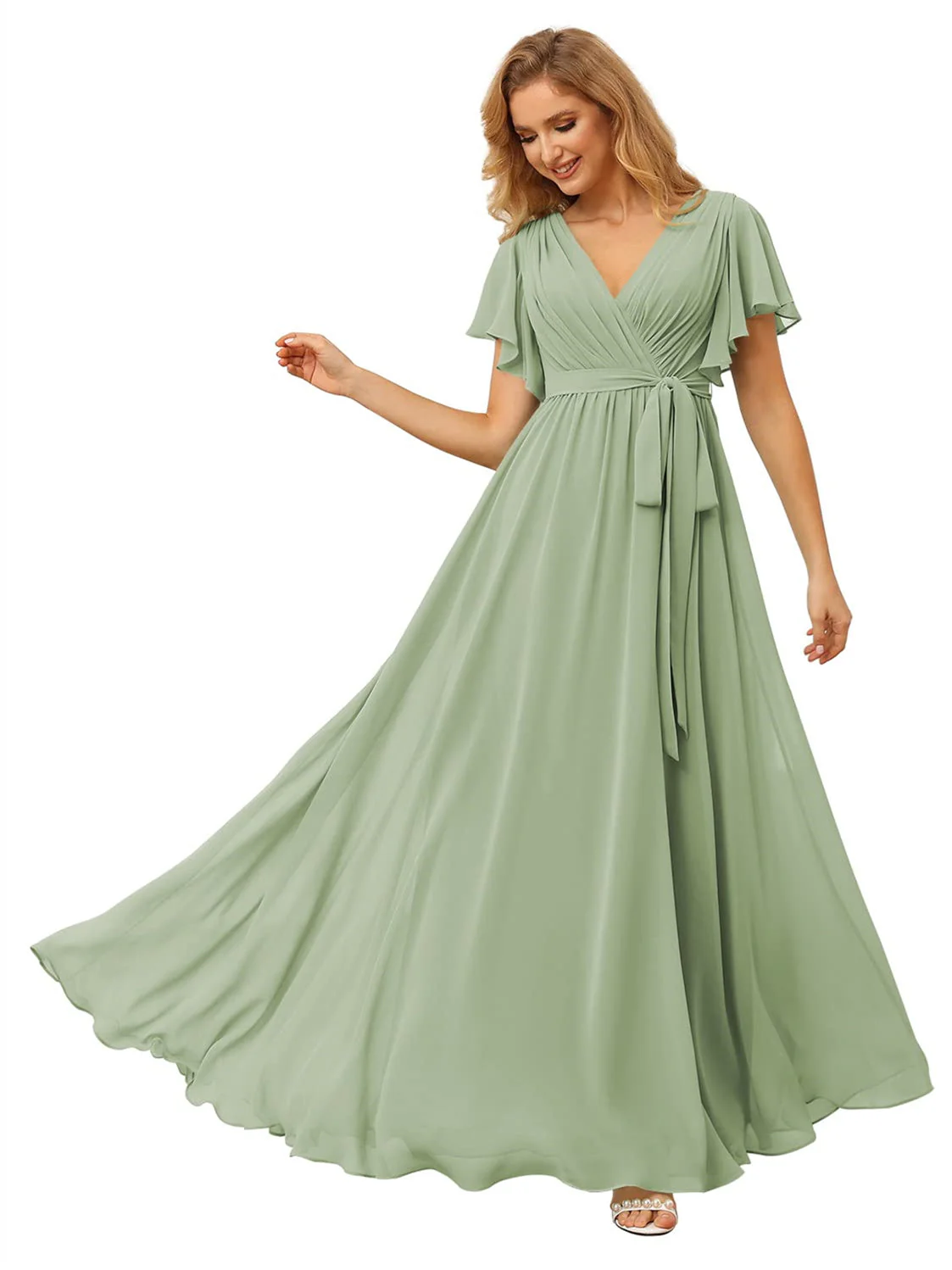 A-Line/Princess Chiffon V-Neck Short Sleeves Ankle-Length Bridesmaid Dresses - Image 25