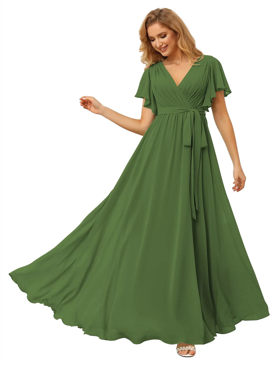 A-Line/Princess Chiffon V-Neck Short Sleeves Ankle-Length Bridesmaid Dresses - Image 31