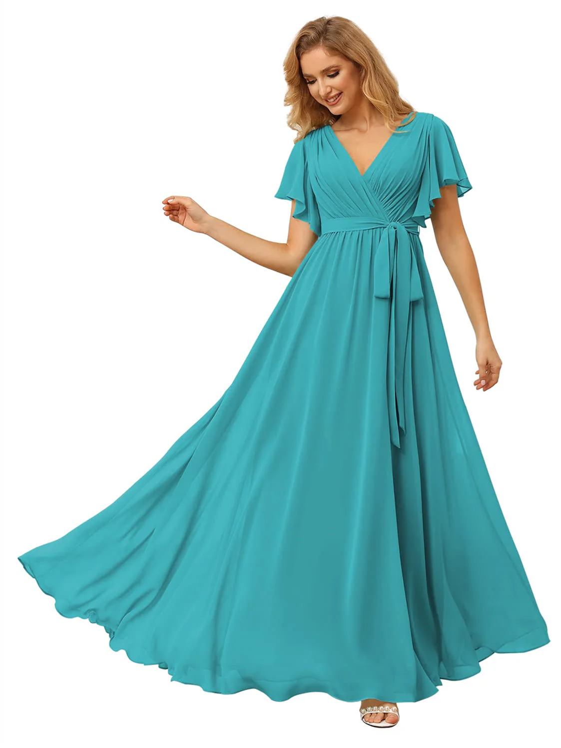 A-Line/Princess Chiffon V-Neck Short Sleeves Ankle-Length Bridesmaid Dresses - Image 33