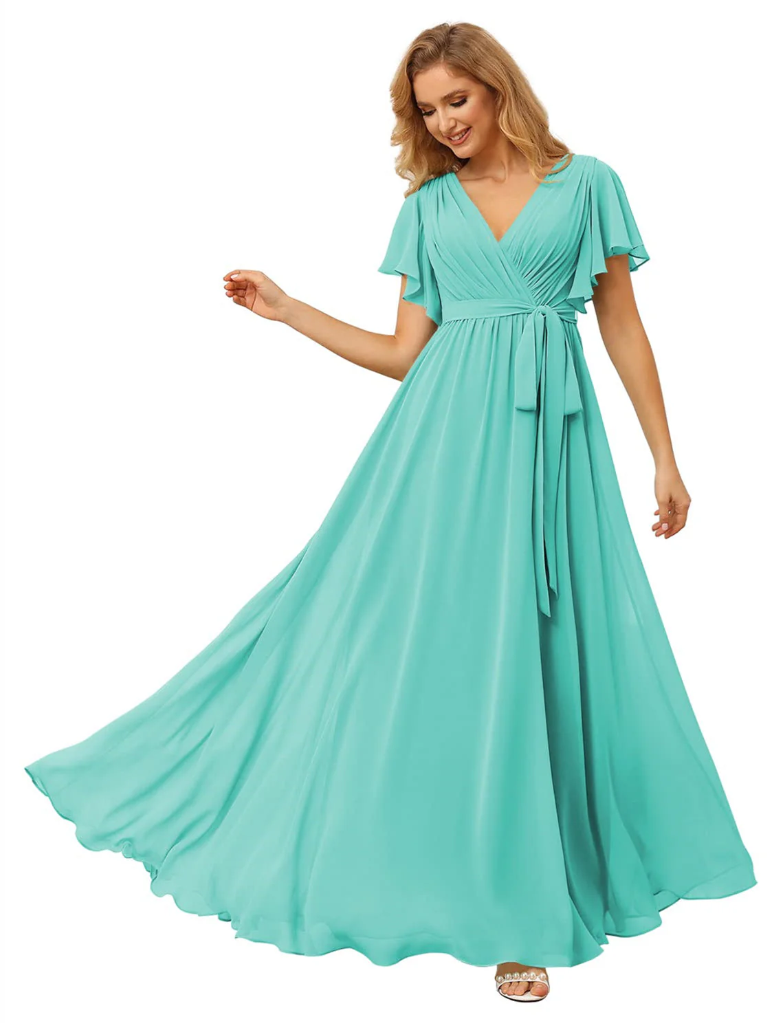 A-Line/Princess Chiffon V-Neck Short Sleeves Ankle-Length Bridesmaid Dresses - Image 34