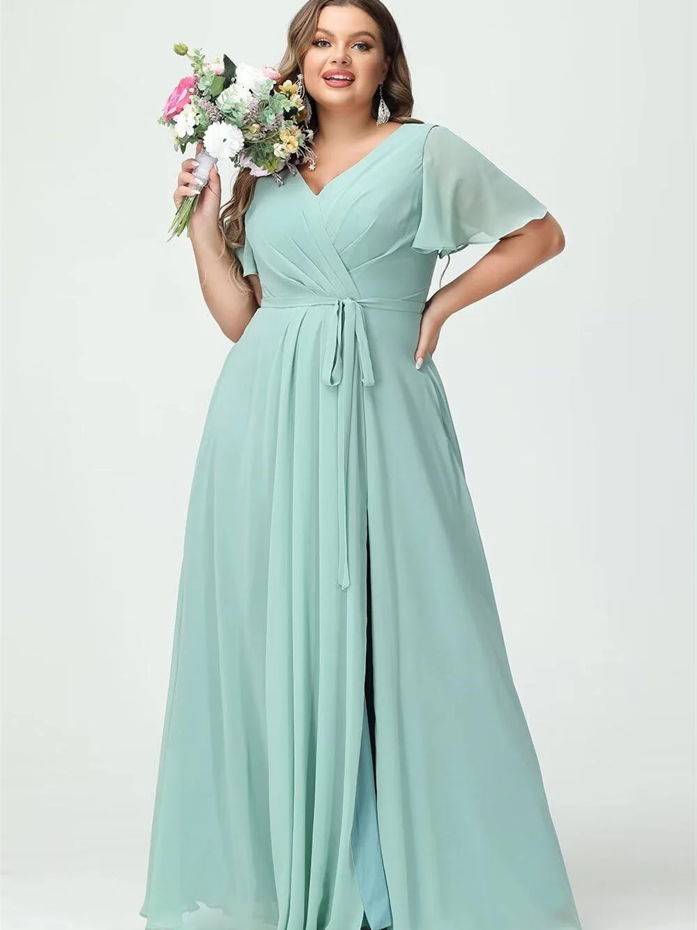 A-Line/Princess Chiffon V-Neck Short Sleeves Floor-Length Bridesmaid Dresses - Image 10