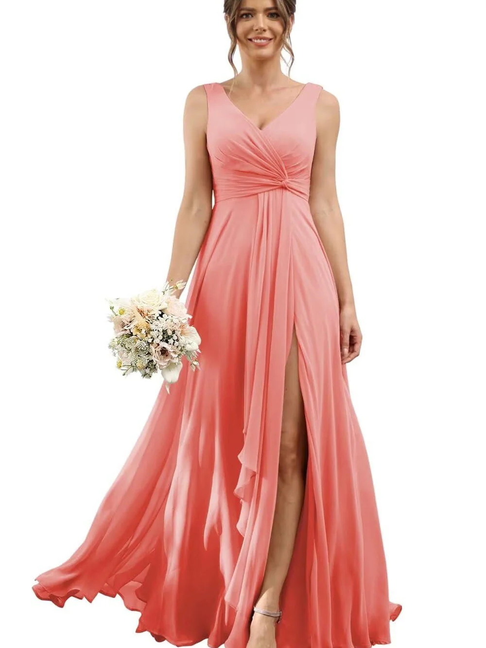 A-Line/Princess Chiffon V-Neck Short Sleeves Floor-Length Bridesmaid Dresses - Image 3