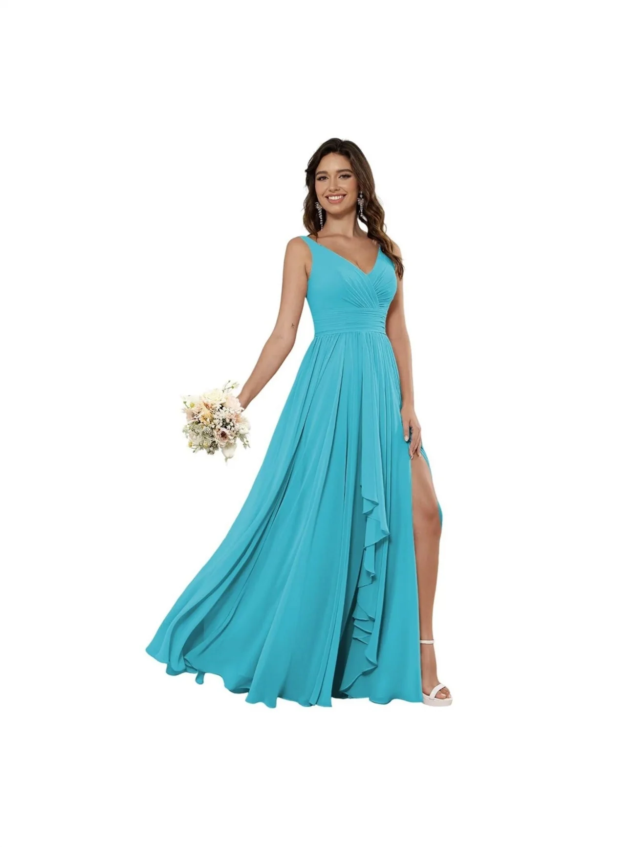 A-Line/Princess Chiffon V Neck Sleeveless Floor-Length Bridesmaid Dresses - Image 23