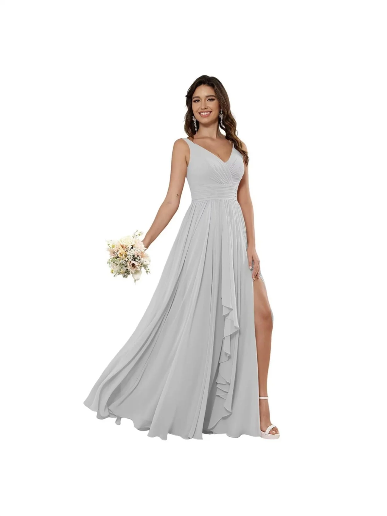 A-Line/Princess Chiffon V Neck Sleeveless Floor-Length Bridesmaid Dresses - Image 24