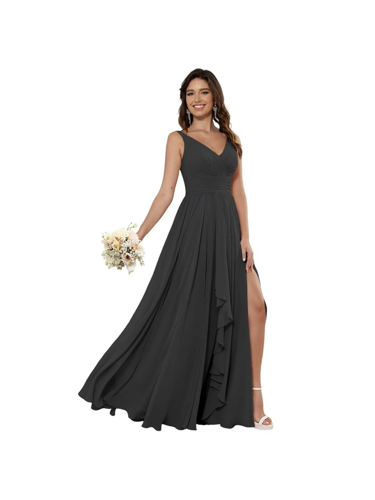 A-Line/Princess Chiffon V Neck Sleeveless Floor-Length Bridesmaid Dresses - Image 26