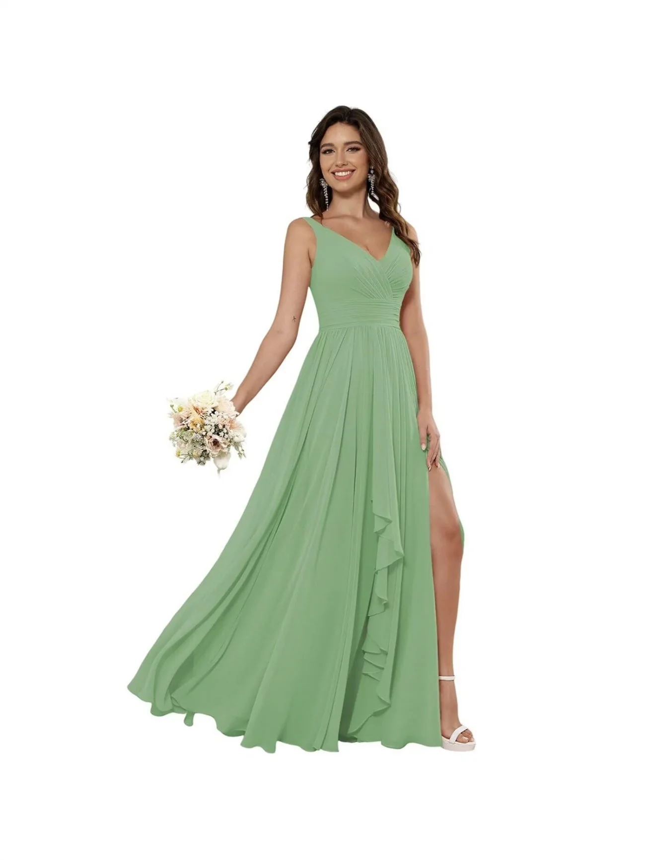 A-Line/Princess Chiffon V Neck Sleeveless Floor-Length Bridesmaid Dresses - Image 3