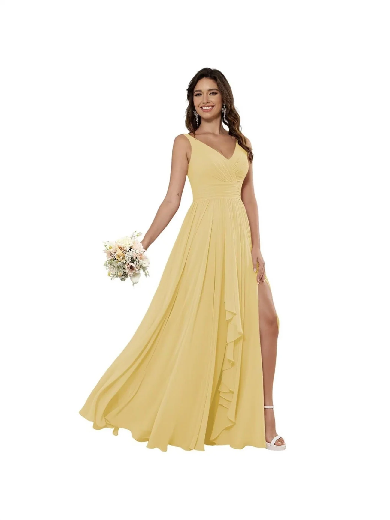 A-Line/Princess Chiffon V Neck Sleeveless Floor-Length Bridesmaid Dresses - Image 40